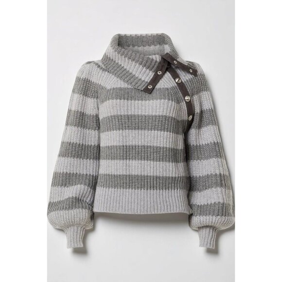 Derek Lam 10 Crosby Gray Striped Button Neck Sweater Ribbed Knit Small - Picture 1 of 7
